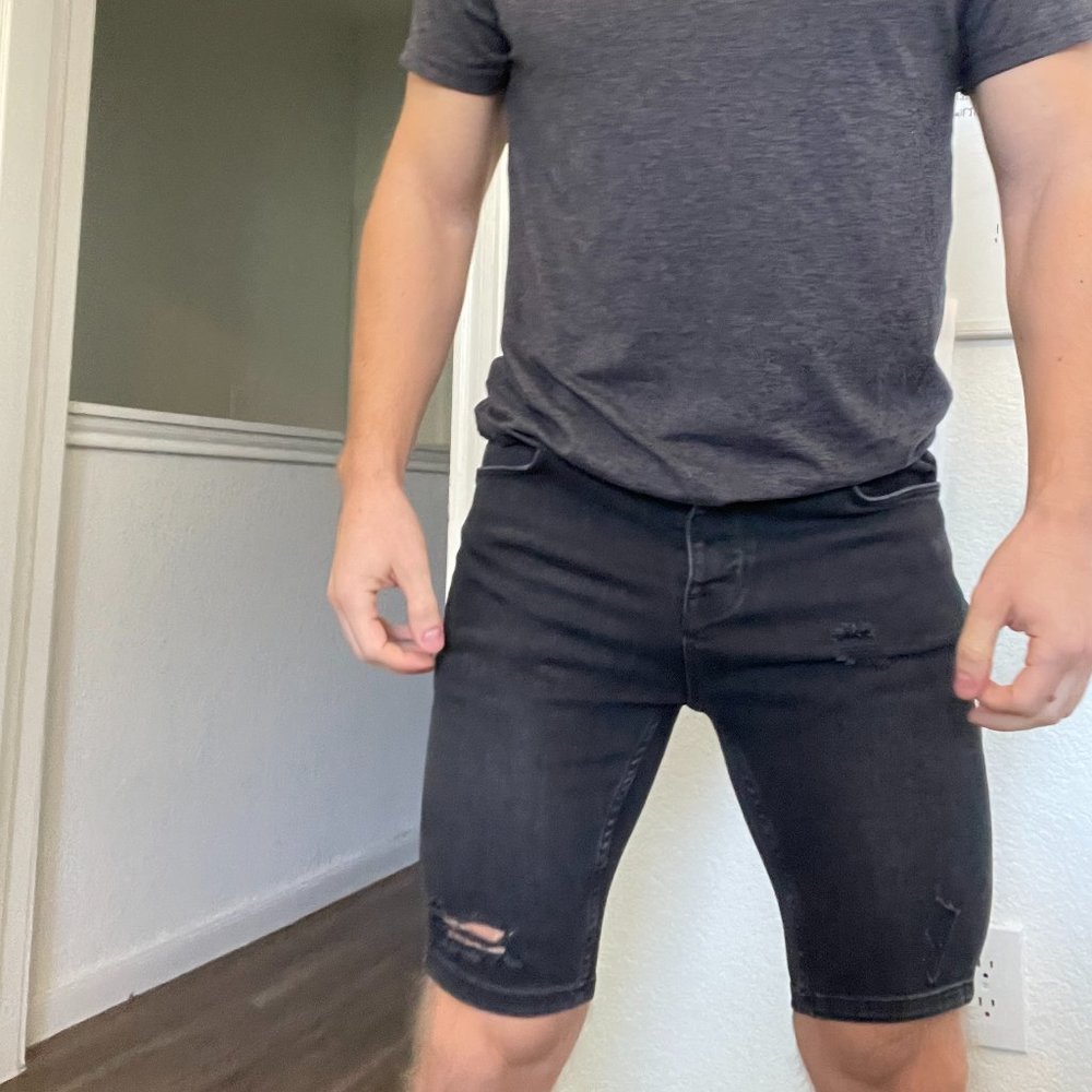 ASOS Slim denim shorts with rips in washed black